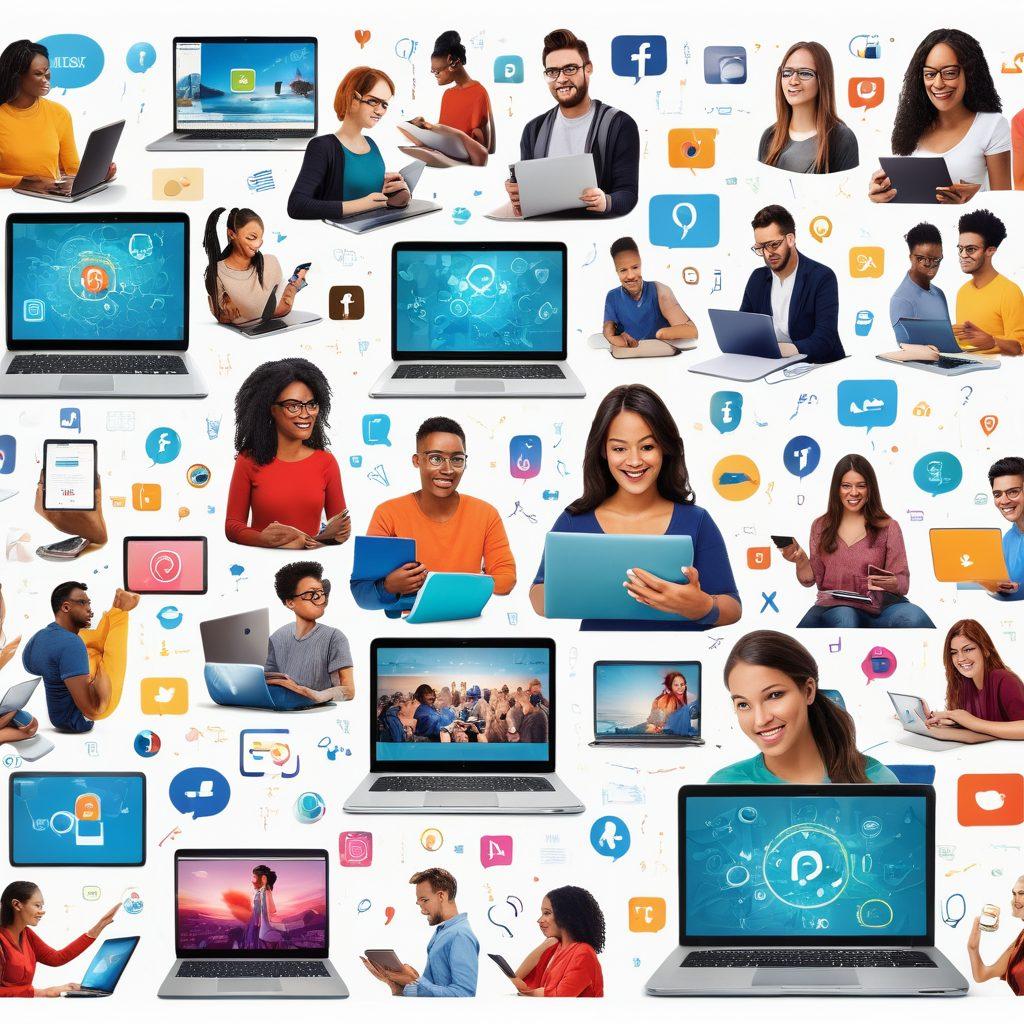 A dynamic collage of diverse individuals passionately creating content on various digital devices; show vibrant social media icons spiraling outward to symbolize connection and collaboration. Infuse the image with a sense of empowerment, including quotes or snippets of user-generated text flowing around them. The scene should feel lively and inclusive, capturing the essence of digital expression. super-realistic. vibrant colors. white background.