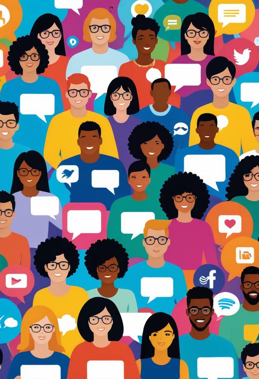 A vibrant digital collage depicting diverse online community members cheering and engaging with user-generated content on various devices. Include speech bubbles filled with colorful texts symbolizing voices and ideas. In the background, showcase icons representing popular social media platforms and user-generated content like videos, blogs, and comments. Emphasize a sense of collaboration, creativity, and empowerment. vibrant colors. vector art.